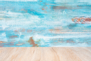 The Wood floor and old blue wooden wall, empty room for background.