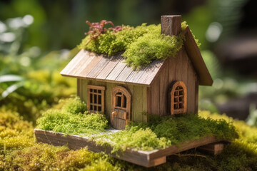 Fototapeta na wymiar Tiny wooden house on green grass environmentally friendly housing, ecology concept, eco friendly home