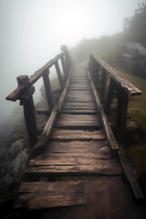 Obraz premium Dilapidated wooden bridge emerging from the cliff, surrounded by thick fog.