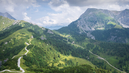 Green and grassy alpine landscape with peaks, trails and huts , Jenner, Germany