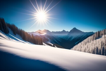 Schnee mit Bergen im Hintergrund der Himmel, Sonne