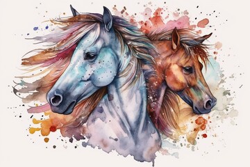 Watercolor illustration of spirit horse and spirit cow, hand-drawn, transparent background png. Generative AI