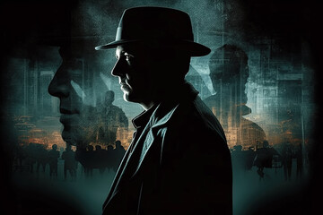 poster banner for thriller movie with a man detective in hat. Generative AI illustration