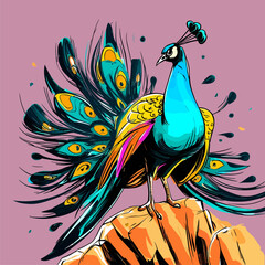 Colored vector  inked style peacock wall art