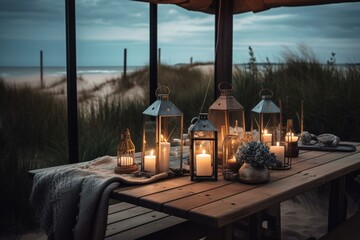 Seaview veranda with vintage lighting, table, and candle. Baltic Sea landscape and sandy dunes. Generative AI - obrazy, fototapety, plakaty