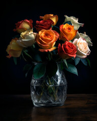 Bouquet of roses arranged randomly in a simple and elegant glass vase.