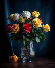 Bouquet of roses arranged randomly in a simple and elegant glass vase.