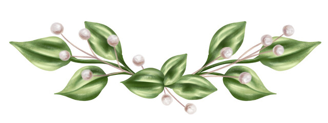 Elegant horizontal composition of green leaves and dried decorative flowers in watercolor style. Digital illustration on a white background. For invitations, date saving, gratitude or greeting card
