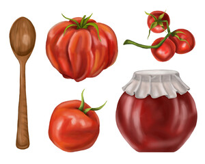 Tomato set of fresh vegetables, wooden spoon, and sauce in a glass jar. Digital illustration on a white background. Farmer's harvest of healthy vegetables, organic products for healthy nutrition.