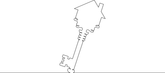 One continuous line. Large old key to the lock. Key in the form of a house. A beautiful key. One continuous line drawn isolated, white background.