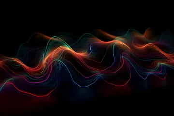 Keuken foto achterwand Fractale golven Abstract fluid 3d render holographic iridescent neon curved wave in motion background on the black background. Gradient design element for banners, backgrounds, wallpapers and covers. generative ai