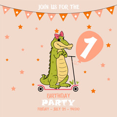 birthday card with cute crocodile, cute baby boy crocodile on a scooter, birthday invitation, 1 year, join us for the birthday party, baby shower invitation