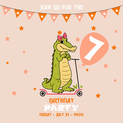 birthday card with cute crocodile, cute baby boy crocodile on a scooter, birthday invitation, 7 years, join us for the birthday party, baby shower invitation	