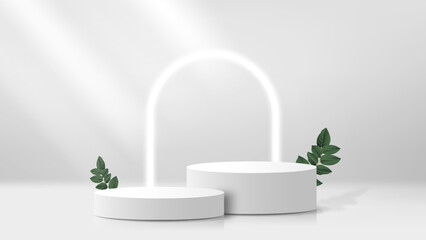 3D minimalist podium or pedestal display on white background with abstract shape light and leaves, modern 3d rendering vector illustration for product display, showcase, mockup,cosmetic,etc.