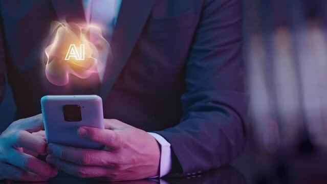 Businessman shows AI icon provide access information, digital chat bot concept. Artificial intelligence, machine learning concept, big data, cloud computing, computer network and innovation technology