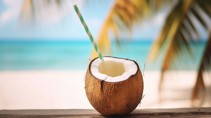 An opened coconut with a straw against a sandy tropical beach ocean background. A.I. generated. - obrazy, fototapety, plakaty