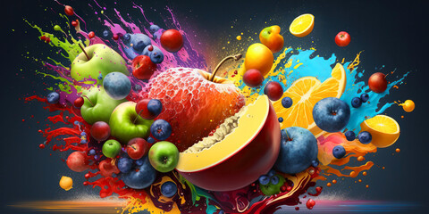 Obraz na płótnie Canvas Generative AI. An explosion of tropical fruits with splashes on a dark isolated background. Horizontal banner.