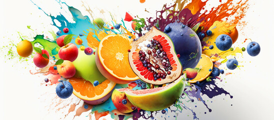 Generative AI. An explosion of tropical fruits with splashes on a white isolated background. Horizontal panorama.