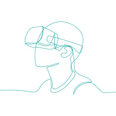 Male person with VR headset, virtual reality glasses, helmet.  Continuous line vector illustration.