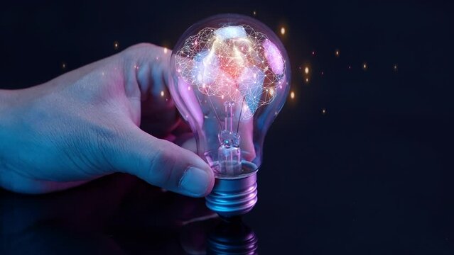 Businessman shows abstract particles in light bulb, AI artificial intelligence, chat bot, machine learning concept, big data, cloud computing, computer network and futuristic innovation technology