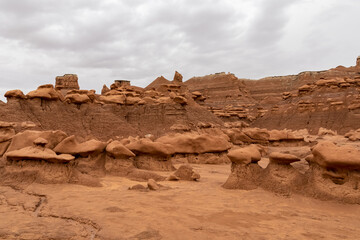 Scenic view on amazing eroded Hoodoo Rock Formations at Goblin Valley State Park in Utah, USA,...