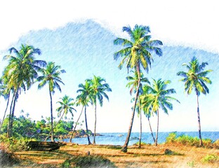 Color pencil drawing of tropical nature - palm trees on sea coast, Goa landscape, India, Digital art - obrazy, fototapety, plakaty