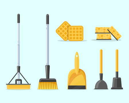 Cartoon Color Housework Broom and Mop Icon Set Flat Design. Vector illustration of Clean Tools Icons