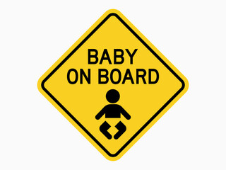 isolated baby on board warning sign, kid symbols on yellow round rectangle shape for safety pictograms, icon, label, logo or tag etc. flat style vector design.