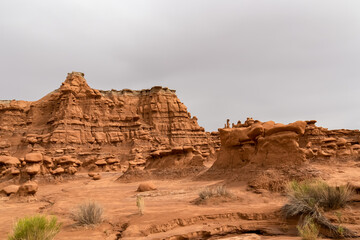 Scenic view on unique eroded sandstone hoodoo rock formations at Goblin Valley State Park, Utah,...