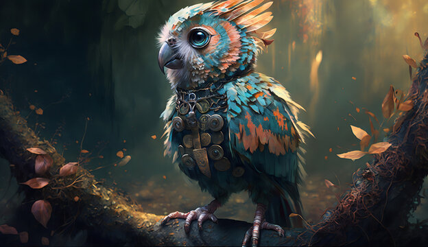 Blue and turquoise parrot in a forest, designed in a steampunk. Generative AI