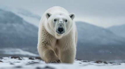 Obraz na płótnie Canvas A polar bear in the snow mountains. Generative AI illustration.