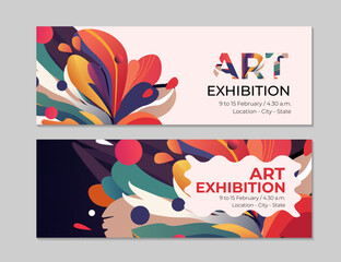 Art exhibition banners, invitation to modern exposition. Abstract background with colorful painting stains. Modern paint, acrylic design. Vector horizontal banner of gallery or museum - obrazy, fototapety, plakaty