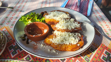 Delicious craft potato dumplings with homemade brynza cheese and greens on a plate against the background of national towels, traditional Ukrainian cuisine