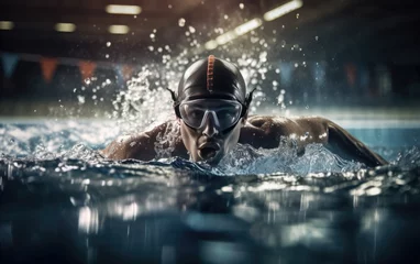 Foto op Plexiglas A man swimming in a pool swimming cap and goggles olympic sport Generative AI © mureli