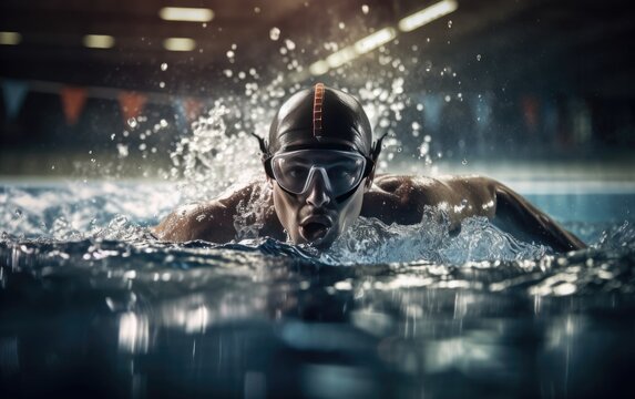 A man swimming in a pool swimming cap and goggles olympic sport Generative AI