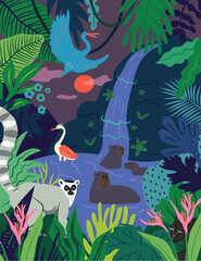 Nature jungle, animals and tropics. Vector illustrations of animals, flowers and textures. Drawings for poster, background and cover.