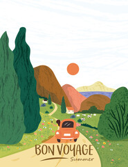 Vector illustration of a summer and spring landscape, mountains, trees, forest, houses and a village.