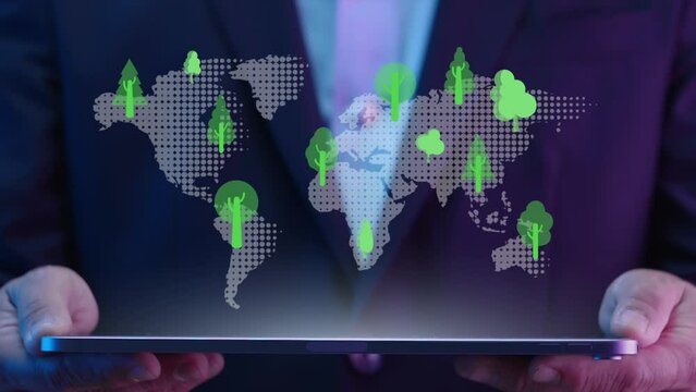 Businessman showing planet earth map with virtual tree icons. Net zero greenhouse gas emissions target. Climate neutral long term strategy. Ecological, renewable energy and save environment concept