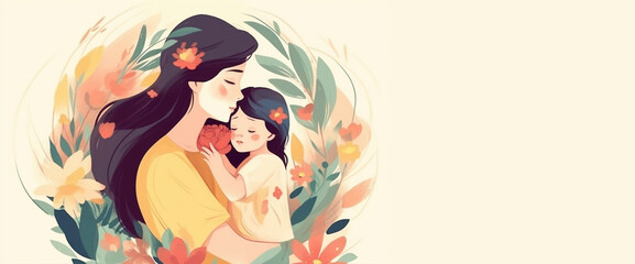 A mother and her baby are hugging each other. Mother's day background. Mother's day illustration with generative ai 