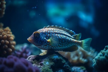 A small fish swims in an aquarium. Generative AI.