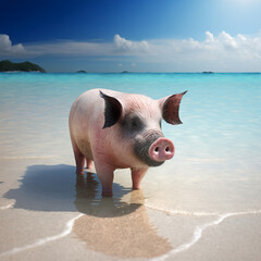 Pig on a tropical beach. Generative AI.