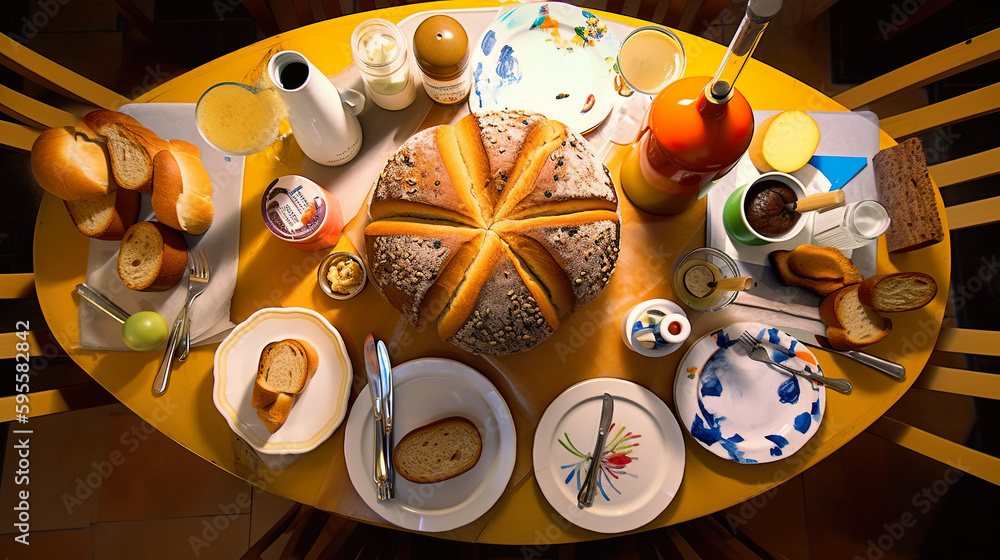 Poster a table topped with lots of different types of food. ai generative image