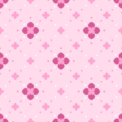 In this seamless pattern, the background is pink. Decorate with large and small flowers neatly arranged and surrounded by small circles that look soft and sweet.