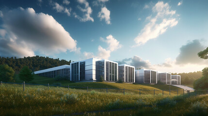 A massive data center surrounded by lush green hills and a blue sky, emphasizing the idea of technology working in harmony with nature