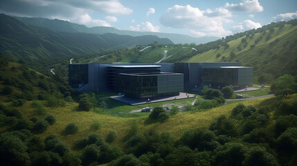 A massive data center surrounded by lush green hills and a blue sky, emphasizing the idea of technology working in harmony with nature
