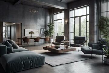 Fototapeta na wymiar Stylish modern apartment with grey sofa, concrete wall, and blue armchairs. Loft design. 3D rendering. Generative AI