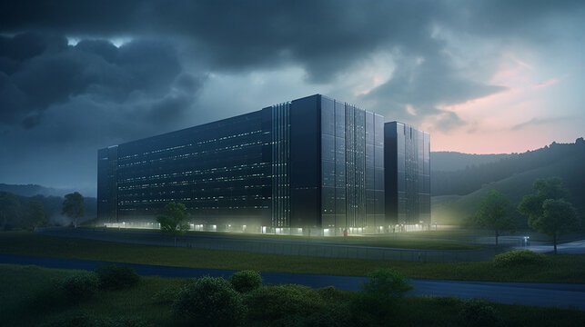 A massive data center surrounded by lush green hills and a blue sky, emphasizing the idea of technology working in harmony with nature