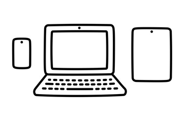 Phone, laptop and tablet hand drawn doodle icon