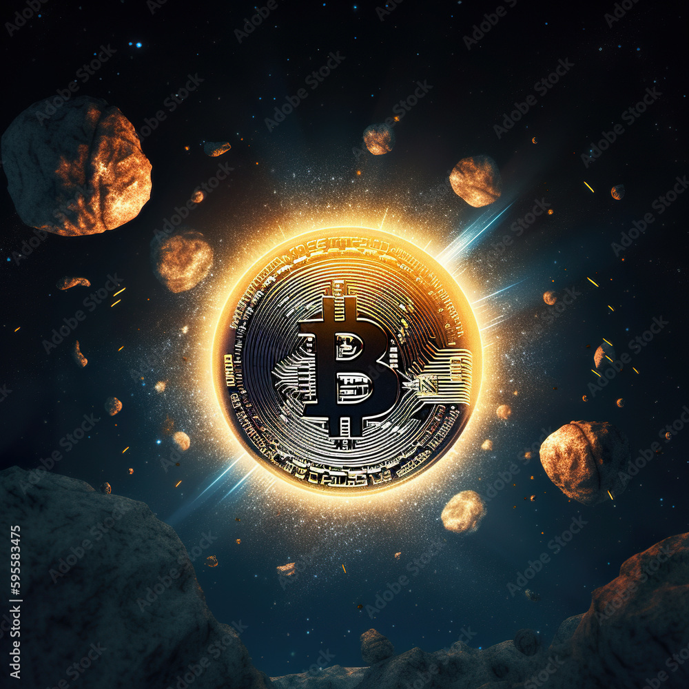 Poster a bitcoin flying through the air surrounded by space. ai generative image