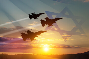 Aircraft silhouettes on background of sunset with a transparent waving Israel flag. Military...